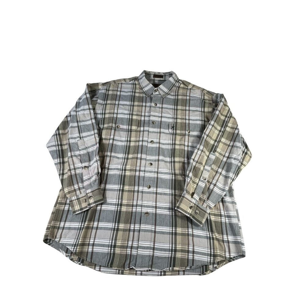 Browning Plaid Shirt Button Down Beige Plaid Men's Sz XL Hunting Outerwear